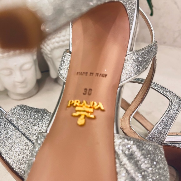 PRADA SILVER GLITTER STRAP PLATFORM SHOES - Picture 13 of 13